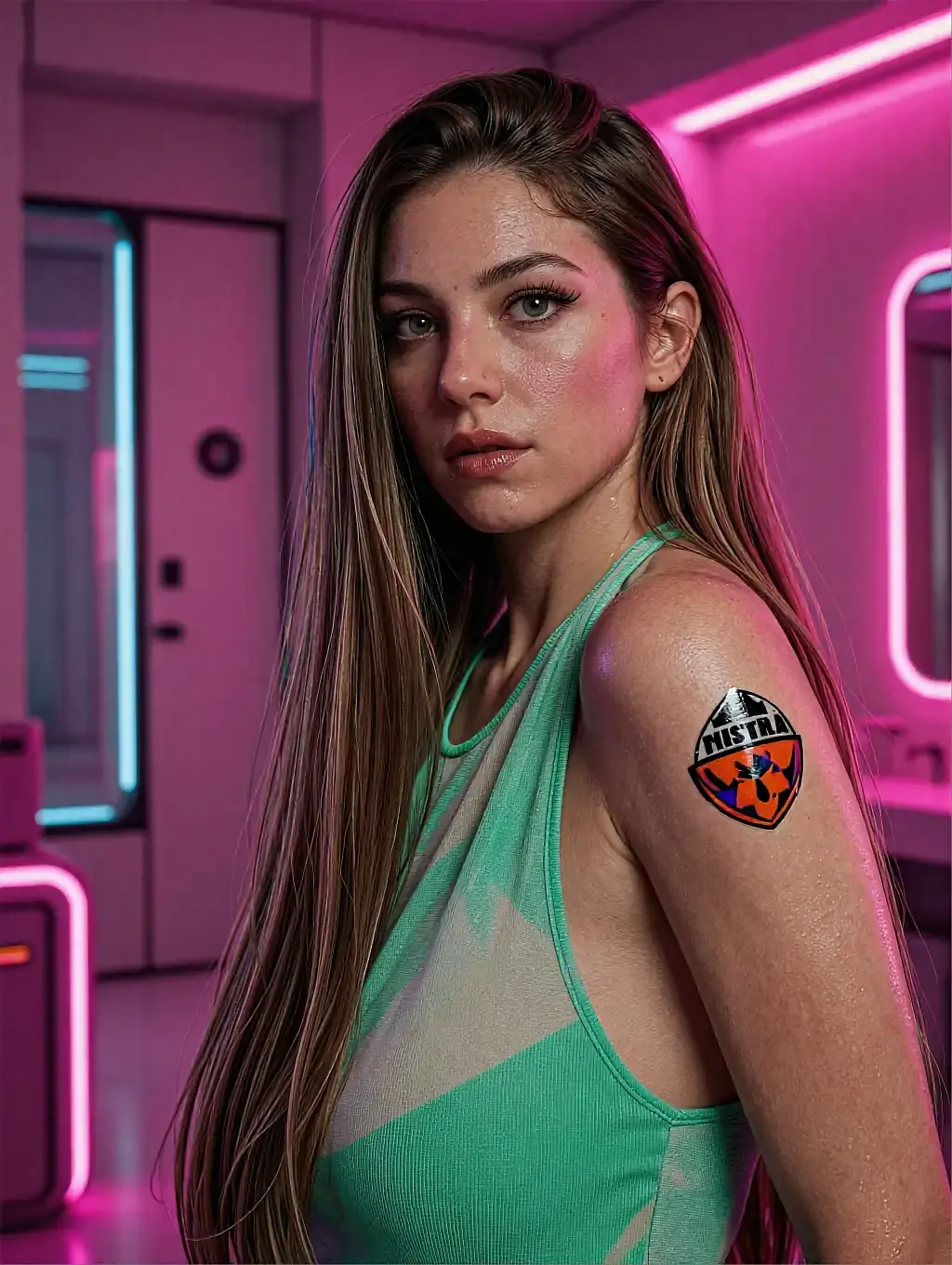 Fictional AI character surrounded by colourful fabric in a workroom